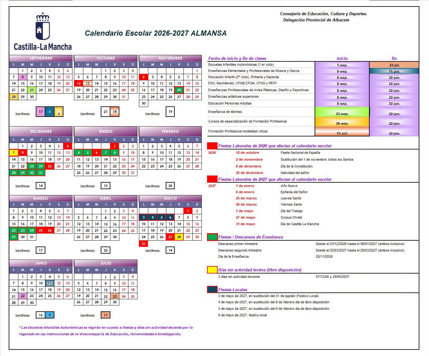 Aprobado el calendario escolar del curso 2026-2027 en Almansa